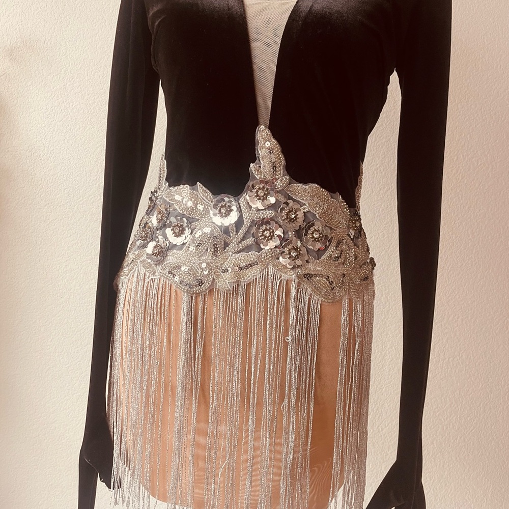 Black and silver Long Sleeve Dress with Fringe